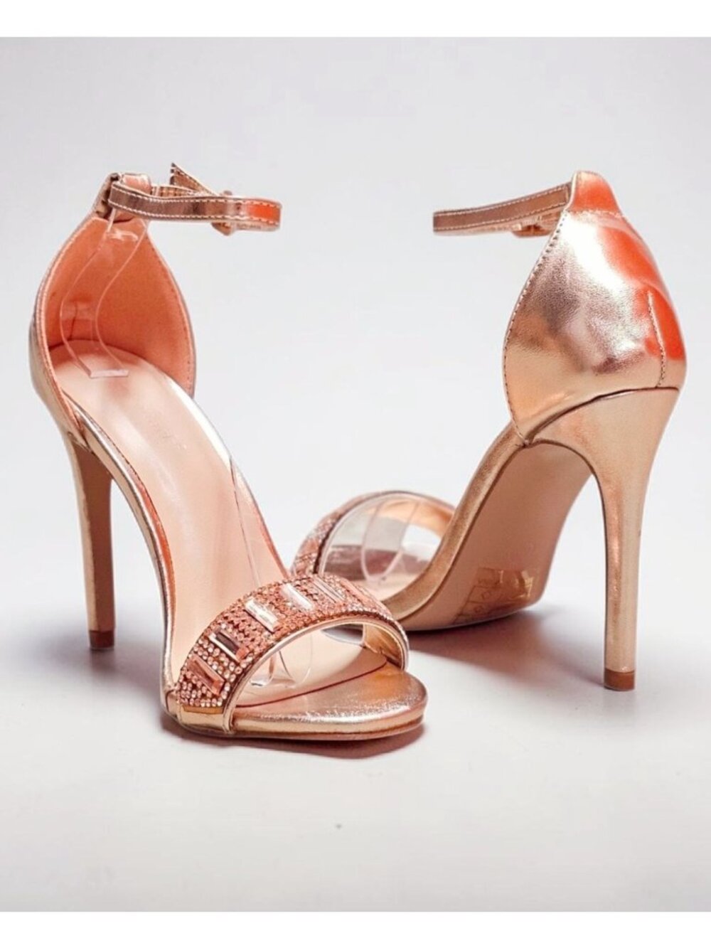 Rose Gold Ankle Strap Stiletto Heels With Rhinestone Embellished Open Toe Design